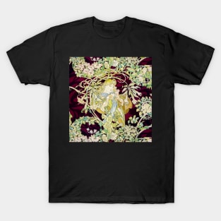 Woman with Daisy Among Flowers ,Wild Roses,Floral Swirls Art Nouveau Portrait T-Shirt